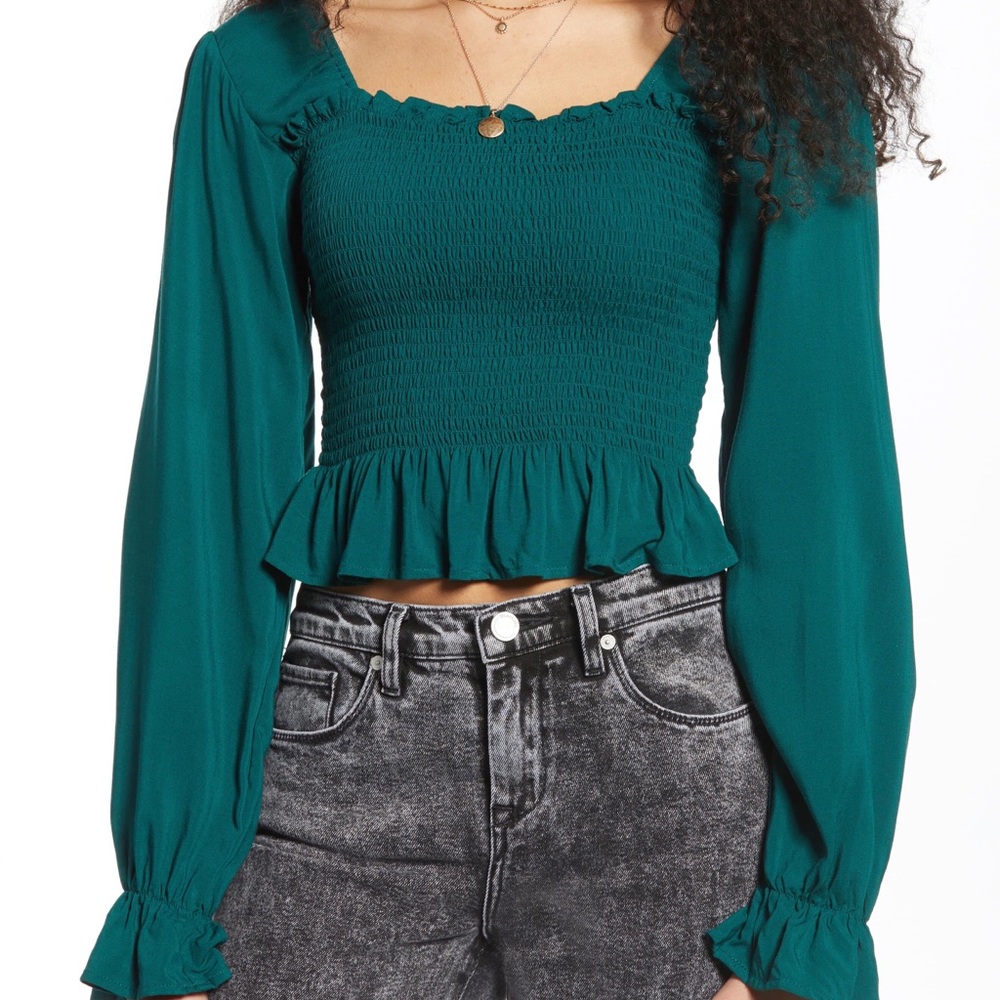 BP. Green peplum smocked top